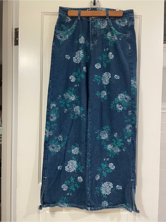 Denim - Dark Blue Floral Wide-Leg Jeans for Women